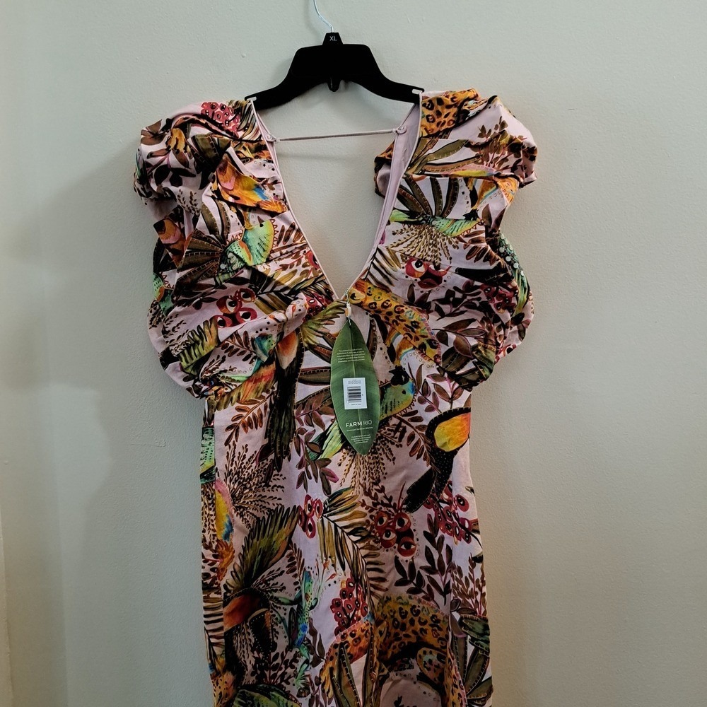 Farm Rio Maxi Dress Pink Tropical Bird Leopard Ruffle Sleeve V Neck M - Picture 9 of 14